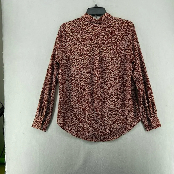 H&M Button Up Tops Women Sz 4 Burgundy Ivory Leopard Print Collared Long Sleeves - Picture 2 of 12